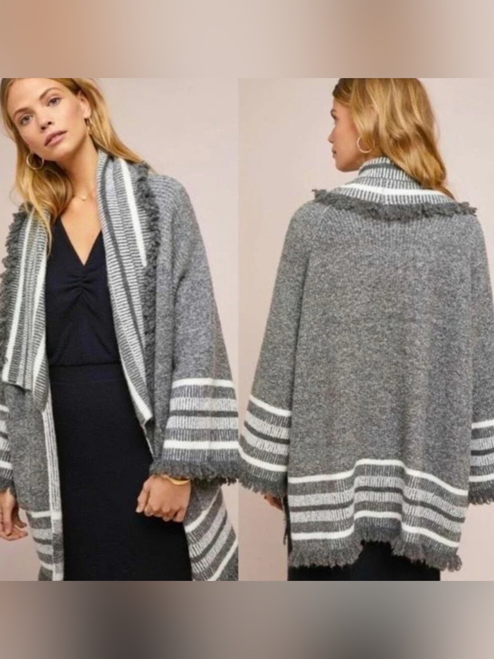 Saturday Sunday Anthropologie Fringe Gray/White Striped Kimono One Size